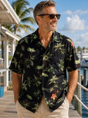 Puritan Black Tropical Palm-Print Short-Sleeve Button-Down Shirt